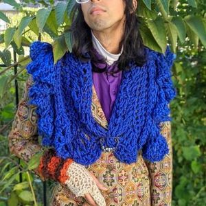crochet shawl scarf designer handmade knit art blue royal Barbie cottage core